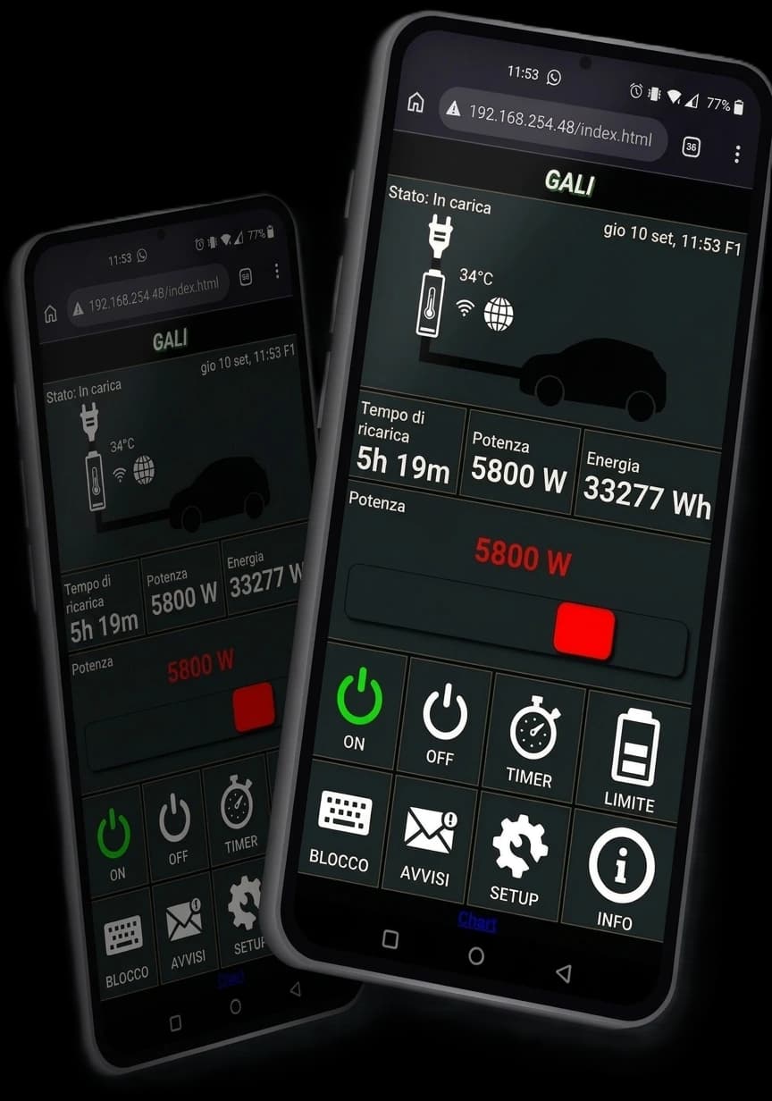 L’interfaccia web di GALI by RM™ su due smartphone: stato della ricarica, temperatura, potenza erogata, energia e i comandi di accensione, timer e limite
