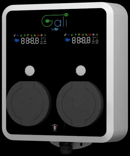 La wallbox GALI B, con due prese di ricarica e i due display di stato