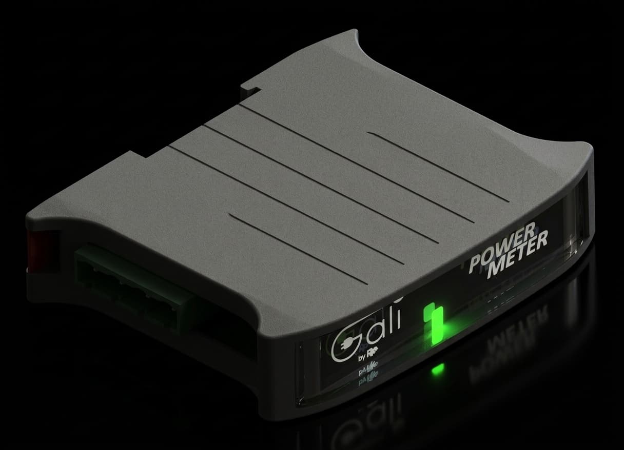 Il GALI Power Meter visto di tre quarti, con i morsetti di collegamento verdi e il display acceso