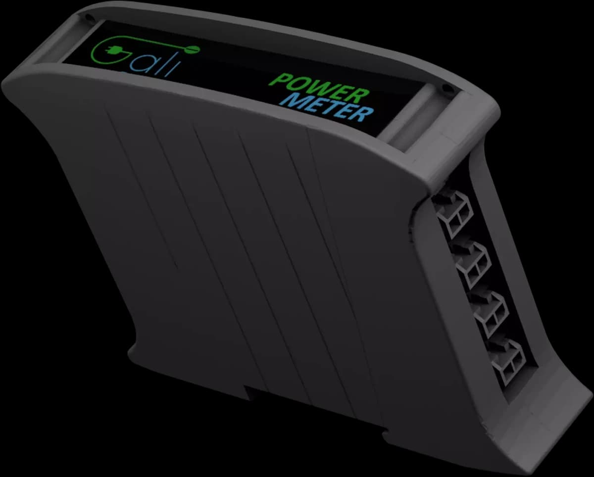 Il GALI Power Meter visto di tre quarti, con il display e i morsetti di collegamento sul fianco